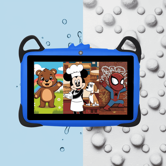 Kék gyerek didokids tablet animációs karakterekkel, például Mickey egérrel, Pókemberrel és egy medvével a képernyőn